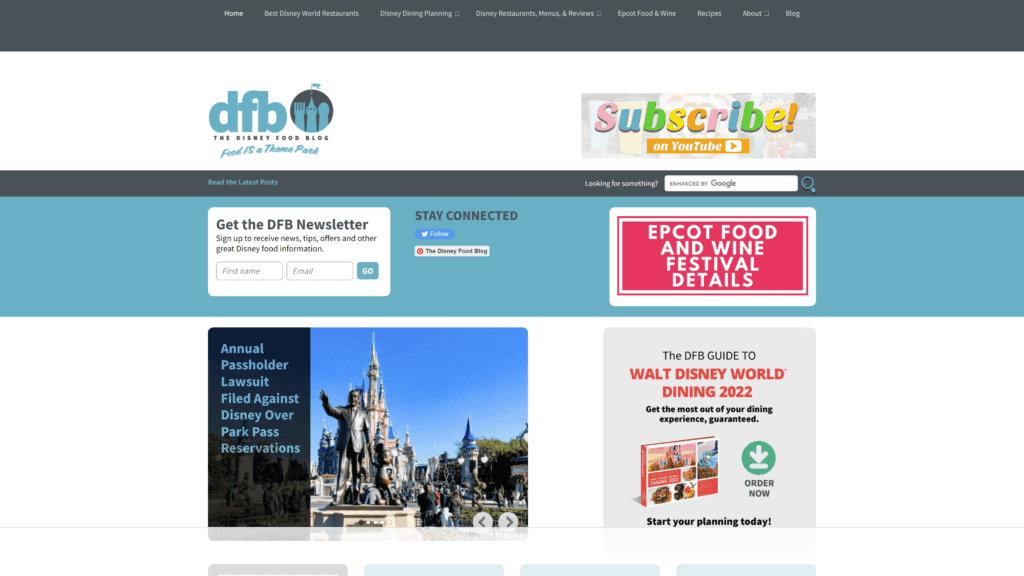 screenshot of the Disney Food Blog homepage