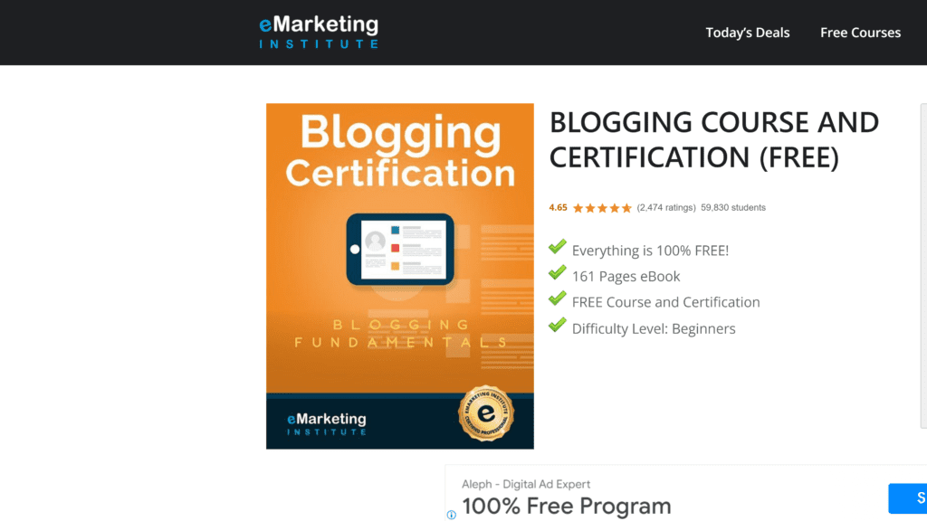 screenshot of the e marketing institute blogging course and certification homepage