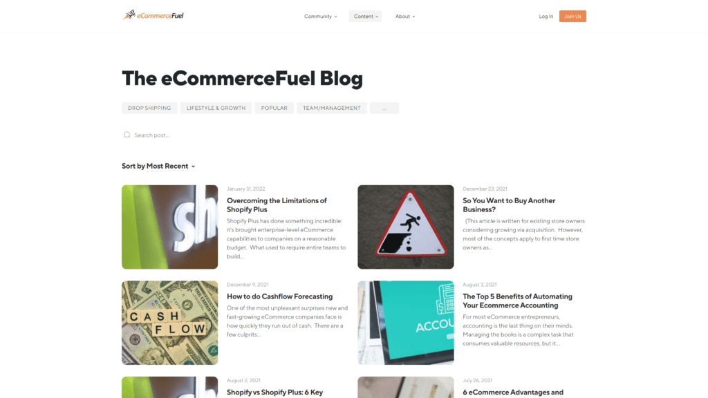 screenshot of the ecommerce fuel blog homepage