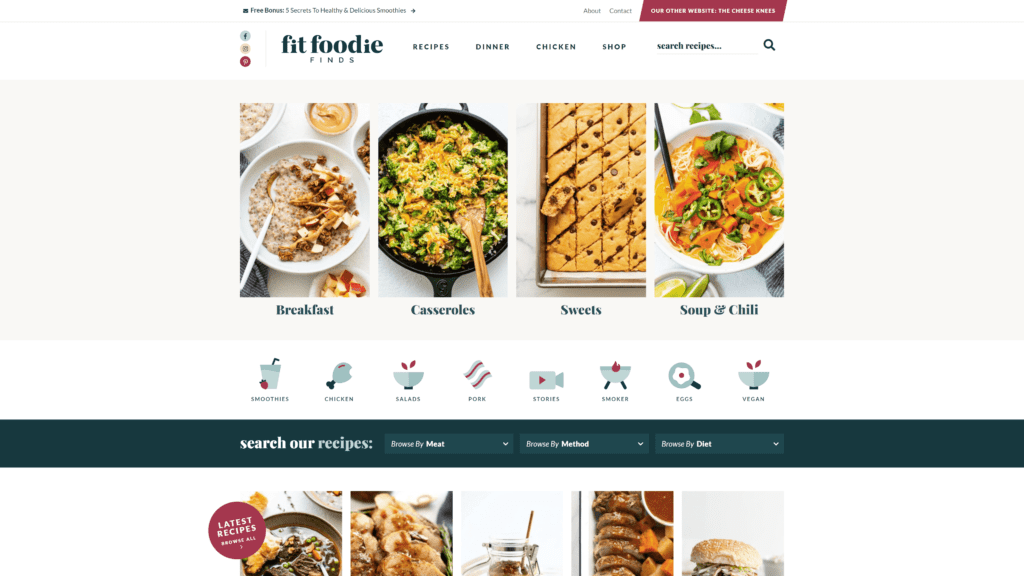 screenshot of the fit foodie finds homepage