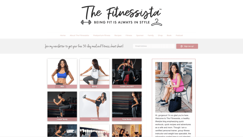 screenshot of the fitnessista homepage