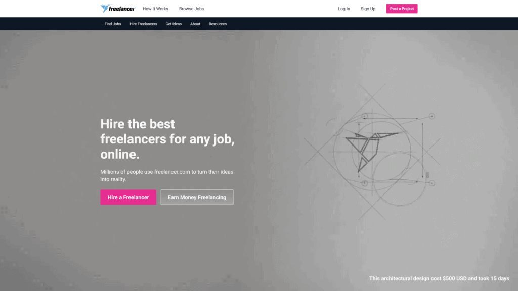 screenshot of the freelancer homepage