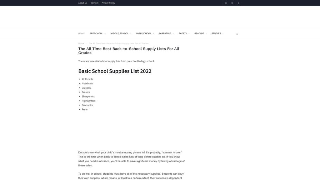 screenshot of the school supplies list homepage