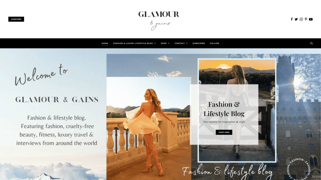 screenshot of the glamour and gains homepage