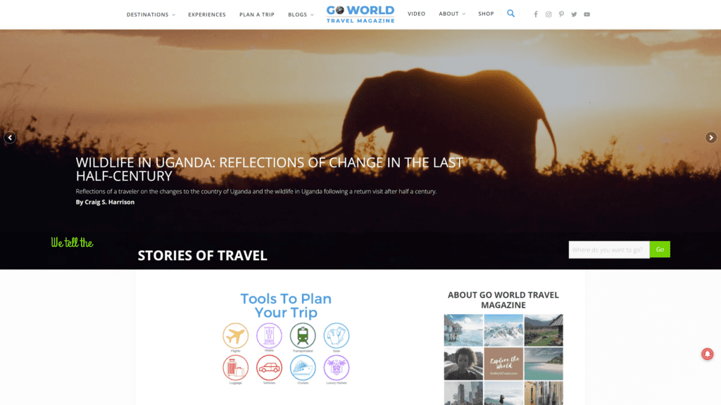 screenshot of the go world travel homepage