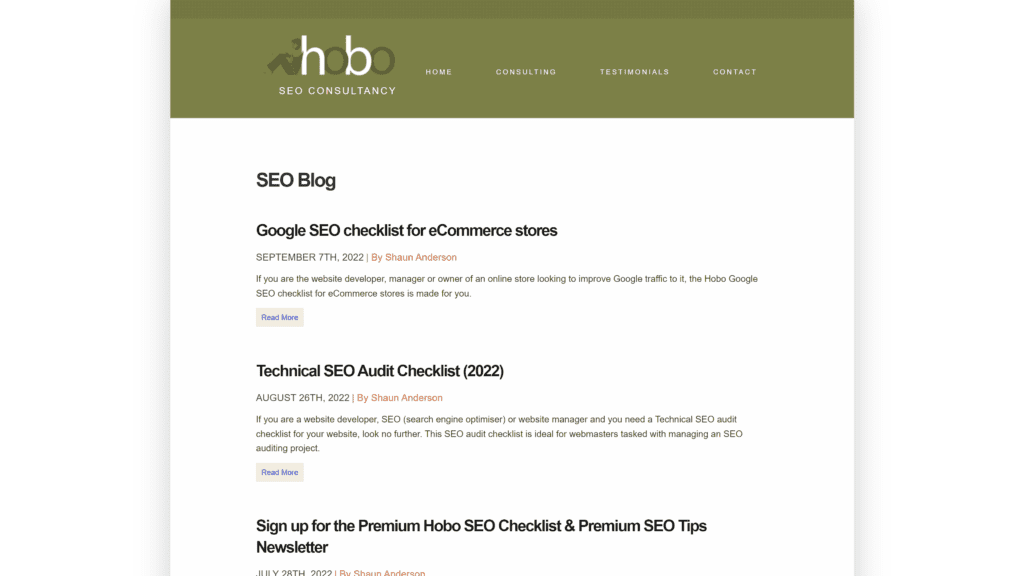 A screenshot of the hobo homepage