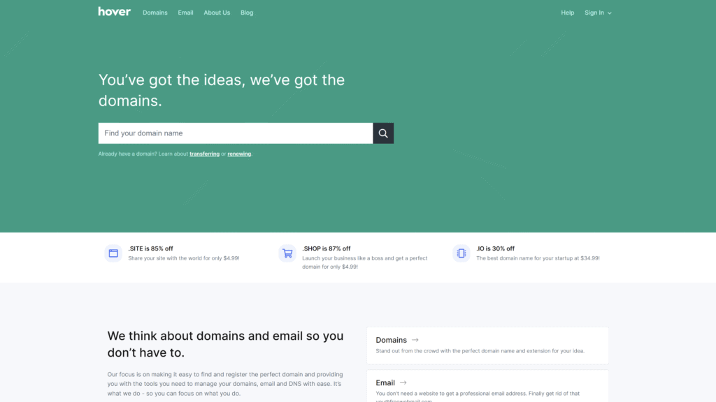 a screenshot of the hover homepage