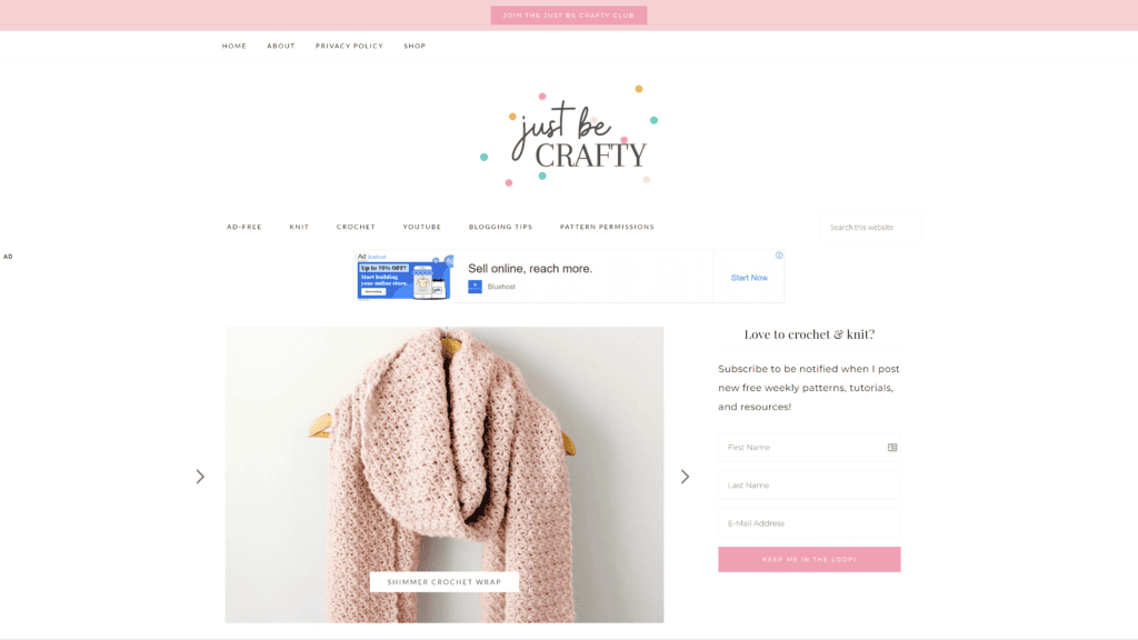 screenshot of the just be crafty homepage