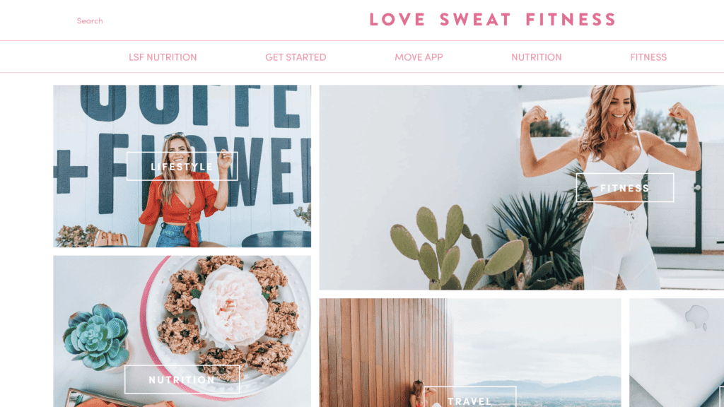 a screenshot of the love sweat fitness homepage