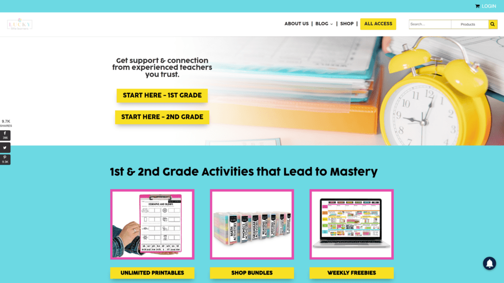 screenshot of the lucky little learners homepage