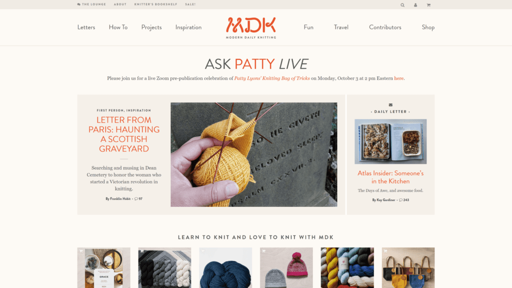 screenshot of the modern daily knitting homepage