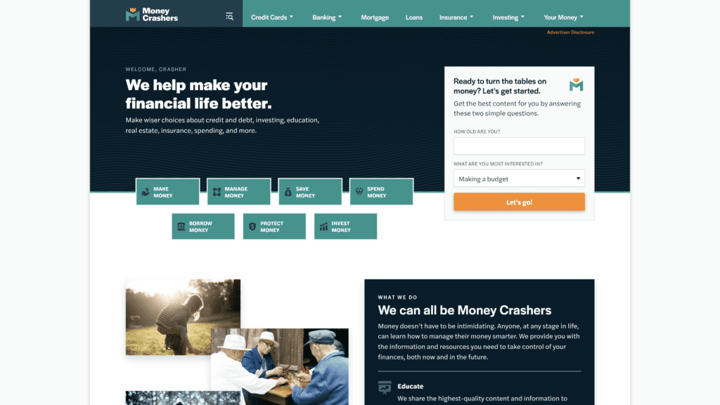 screenshot of the money crashers homepage