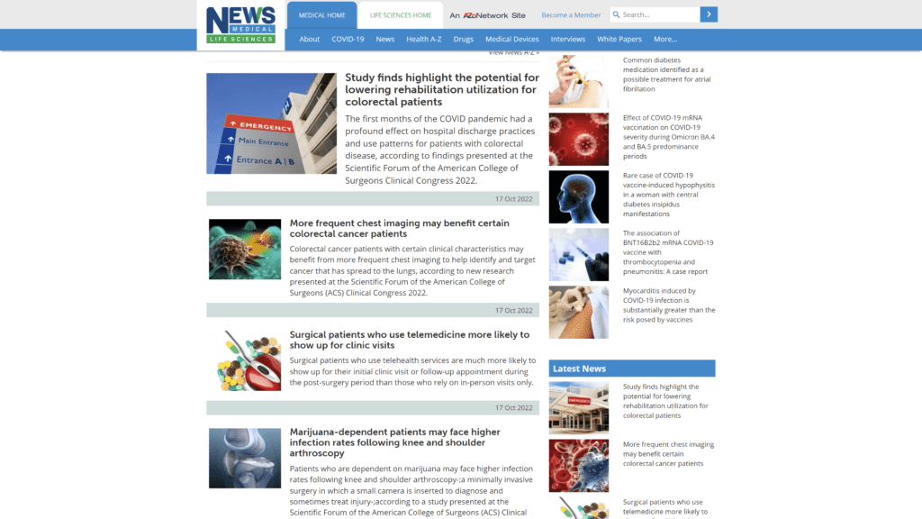 a screenshot of the news medical life sciences homepage