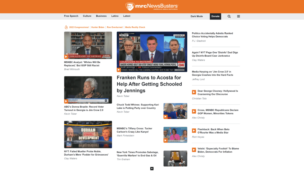 screenshot of the newsbusters homepage