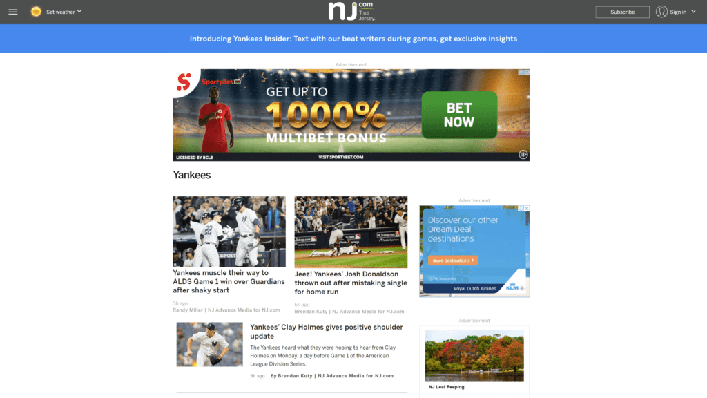 A screenshot of the NJ.com-Yankees Homepage