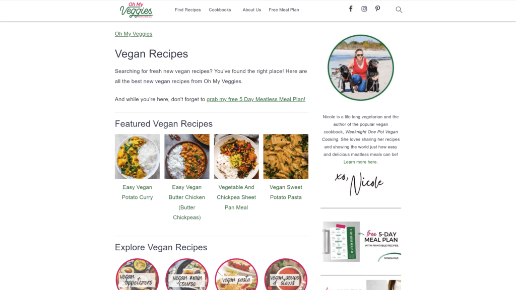 screenshot of the oh my veggies homepage