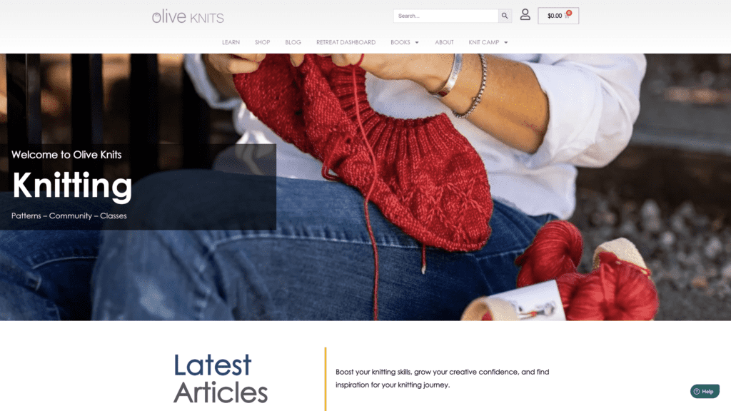 screenshot of the olive knits homepage
