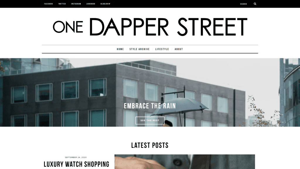screenshot of the onedapperstreet homepage