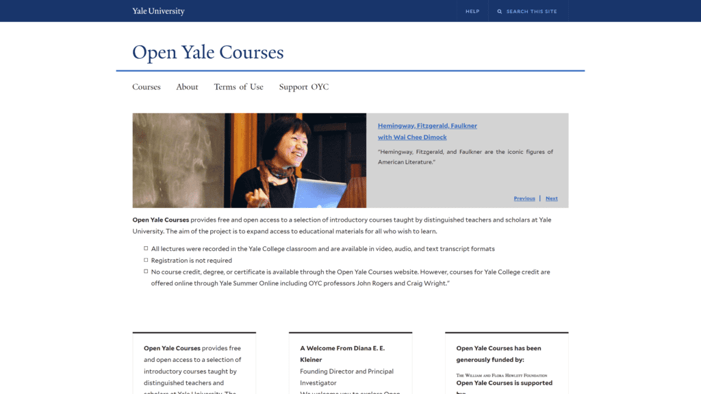 open yale courses homepage screeshot 1