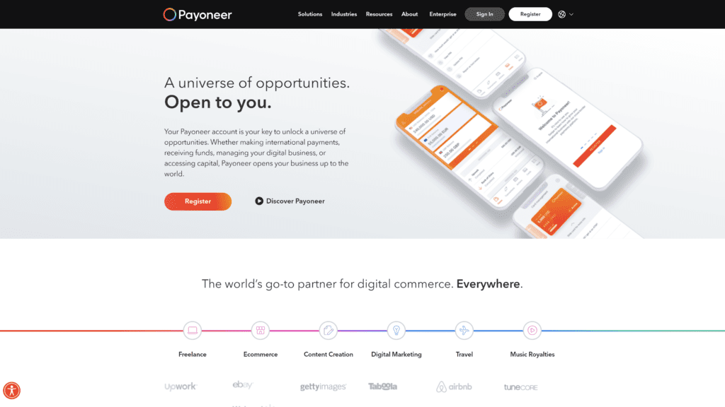 a screenshot of the payoneer homepage