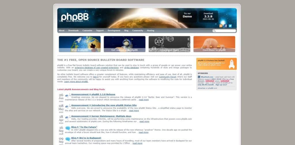 screenshot of the phpBB homepage