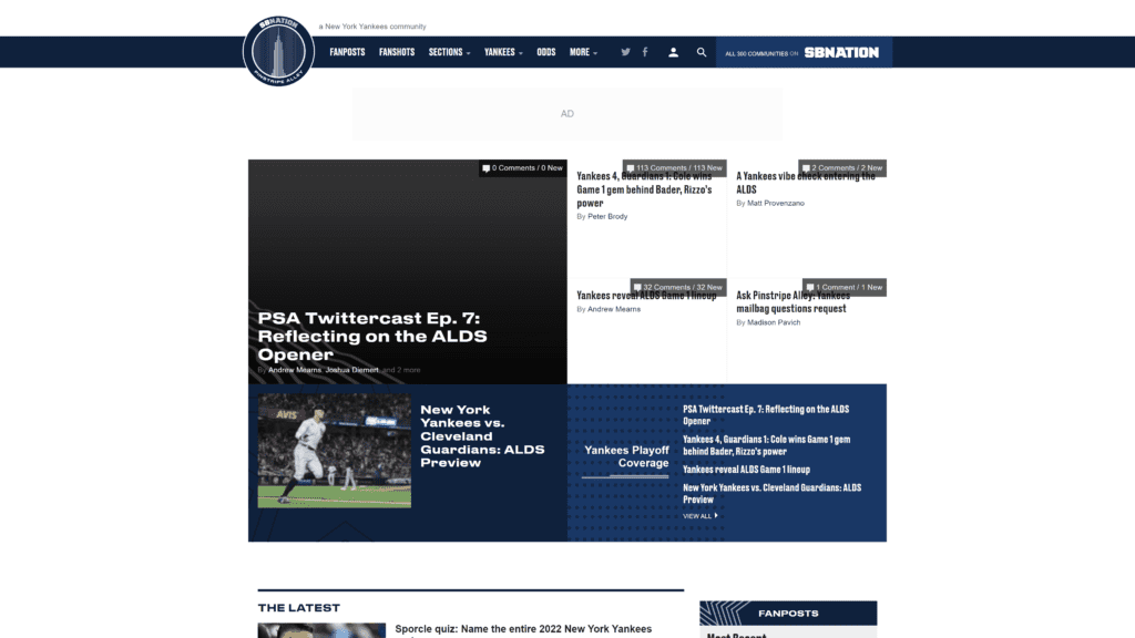A screenshot of the pinstripe alley Homepage