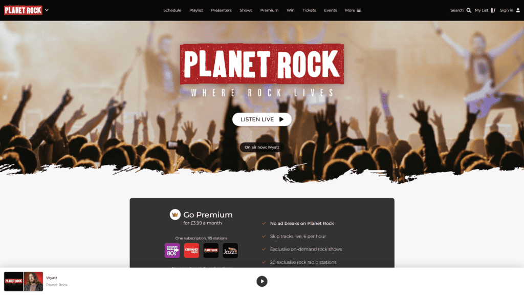 screenshotof the planet rock homepage