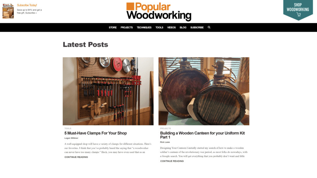 screenshot of the popular woodworking homepage
