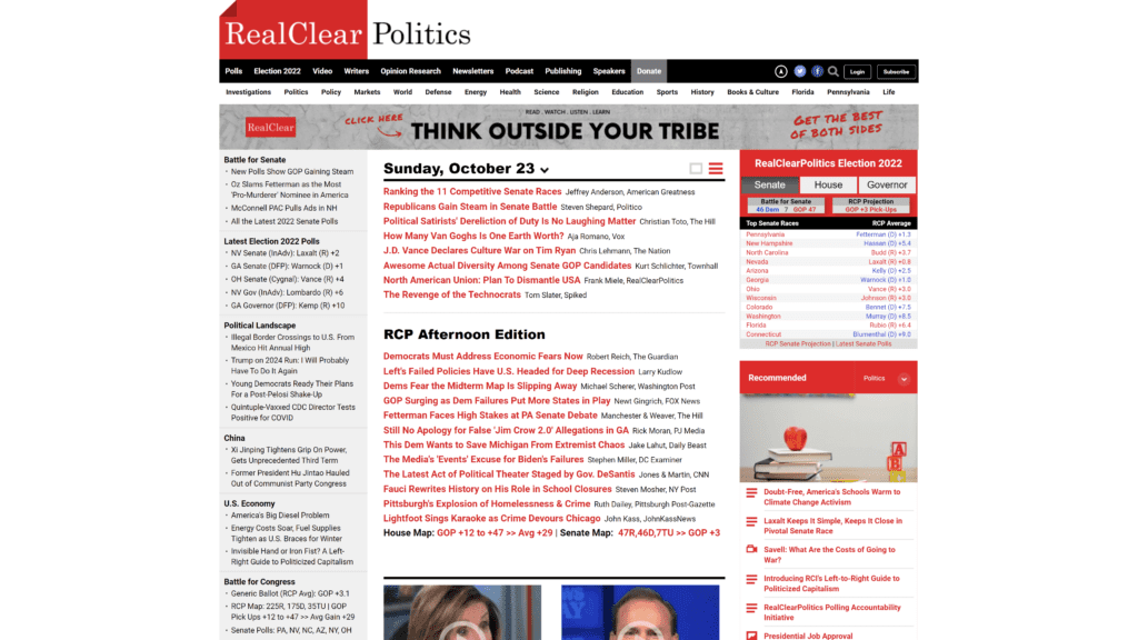 screenshot of the real clear politics homepage