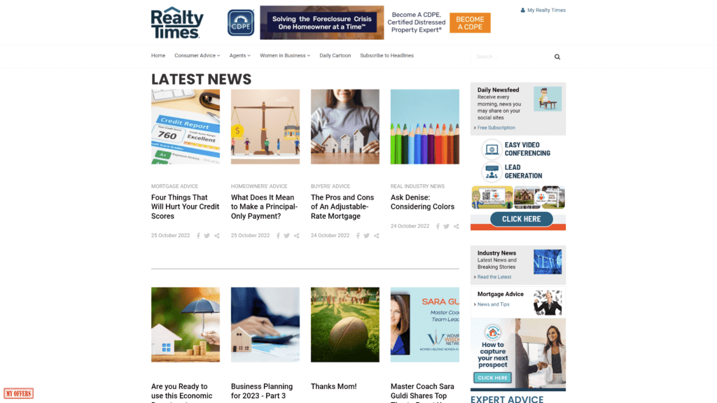 a screenshot of the realty times homepage