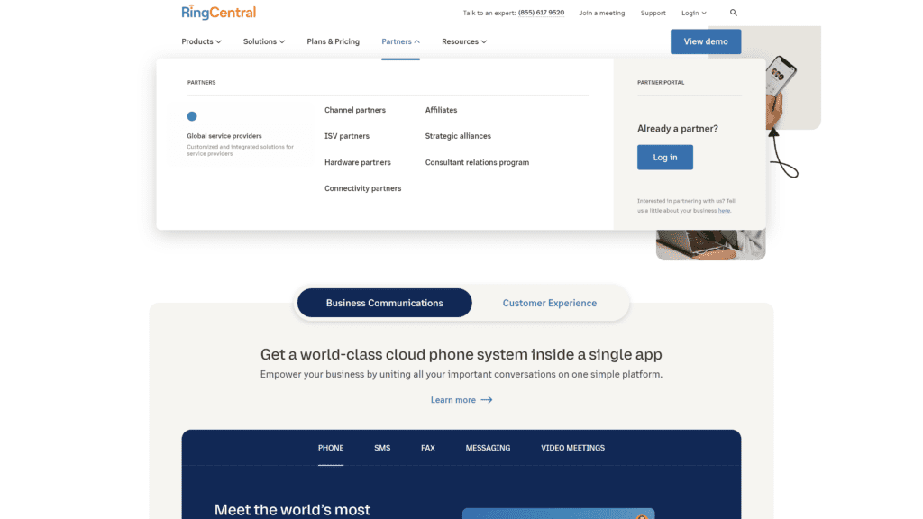 a screenshot of the ringcentral homepage