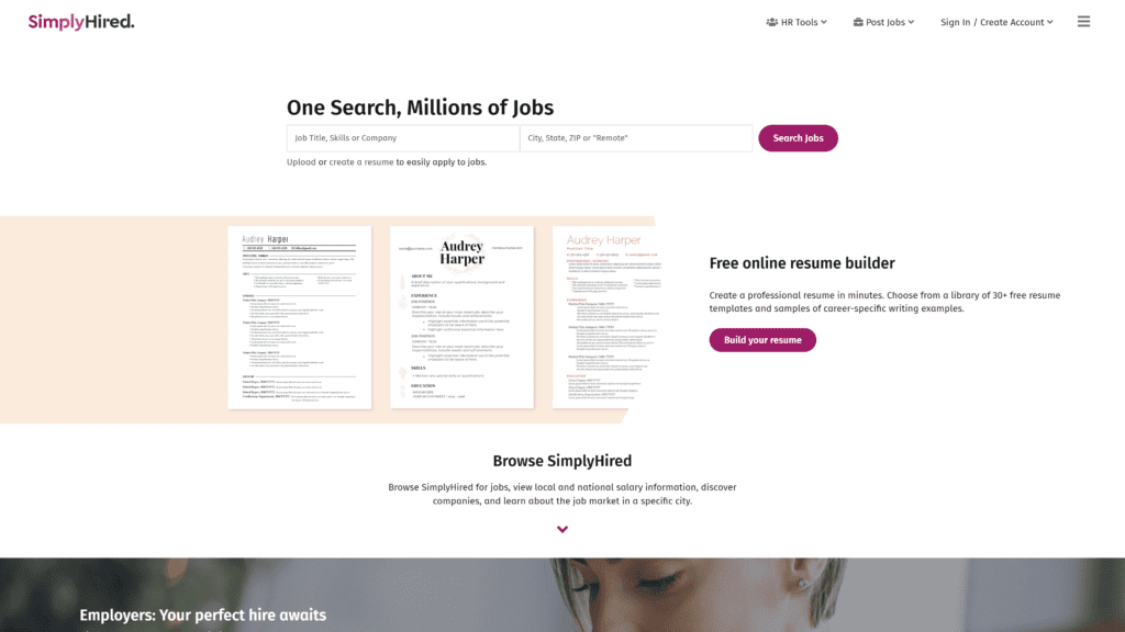 a screenshot of the simplyhired homepage