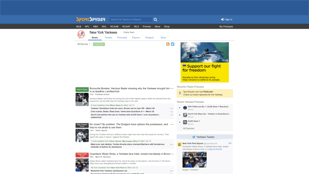 screenshot of the sports spyder homepage