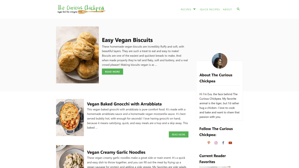 screenshot of the curious chickpea homepage