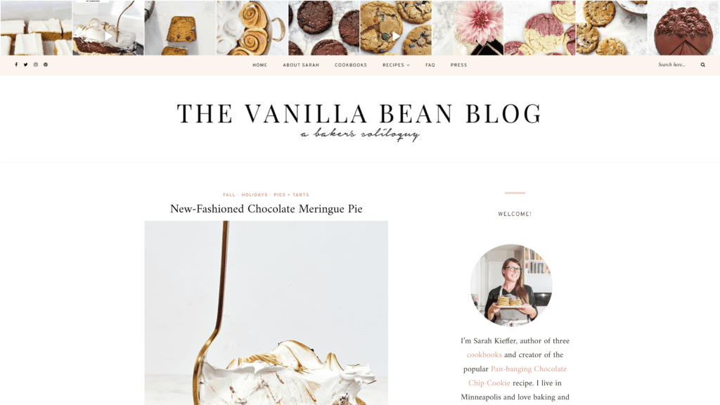 screenshot of the vanillabeanblog homepage