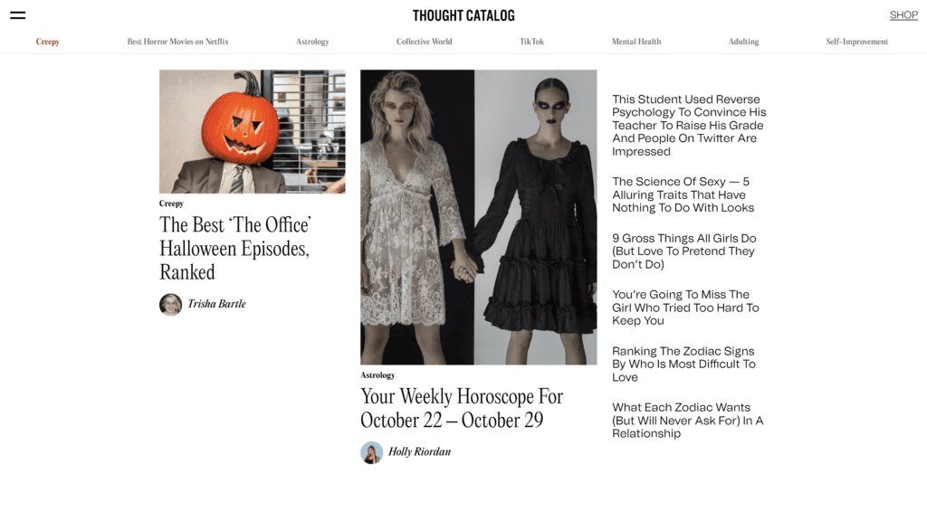 screenshot of the thought catalog homepage