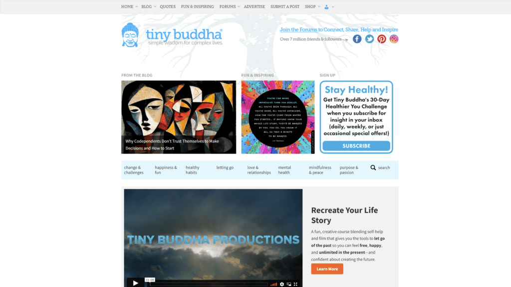 screenshot of the tiny buddha homepage