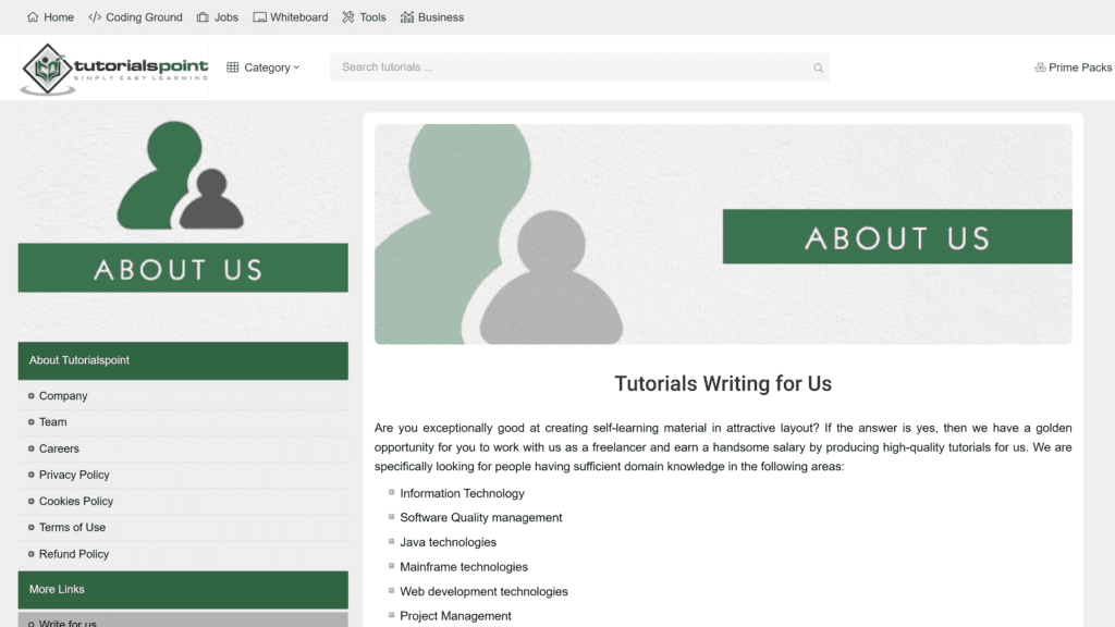 screenshot of the tutorials point homepage