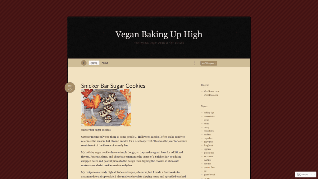 screenshot of the vegan baking up high homepage