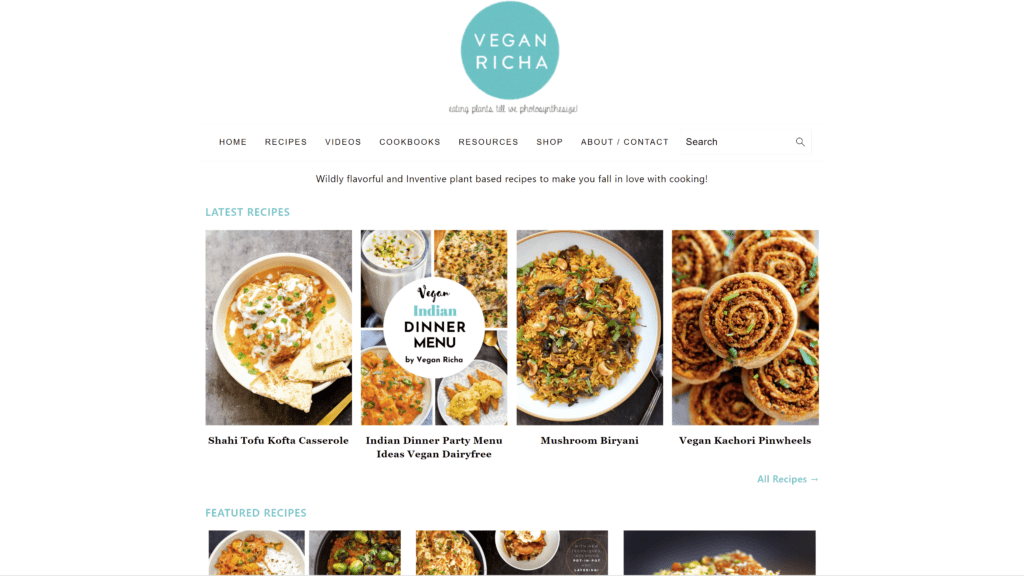 screenshot of the vegan richa homepage