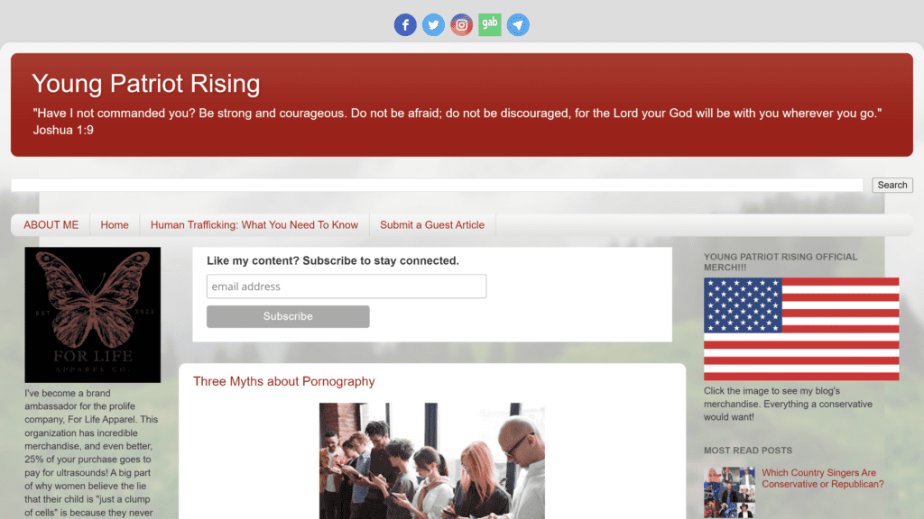 screenshot of the young patriot rising homepage