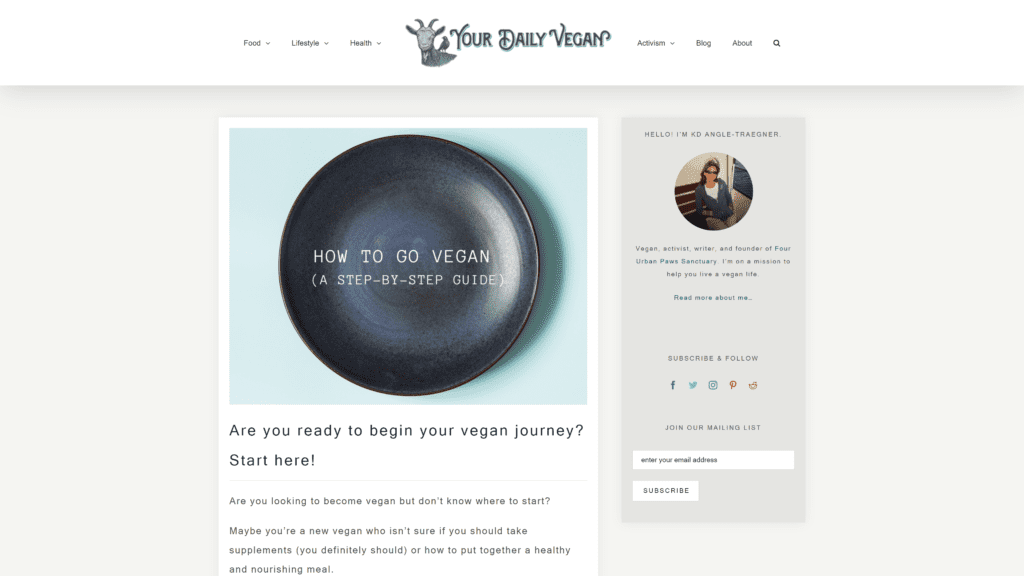 screenshot of the your daily vegan homepage