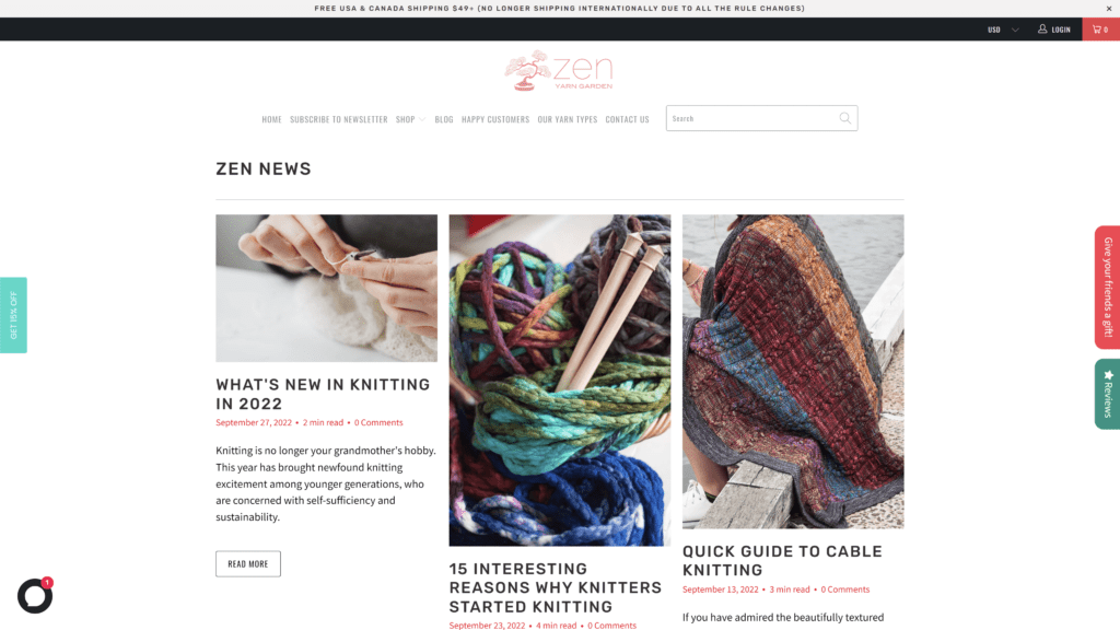 screenshot of the zen yarn garden homepage