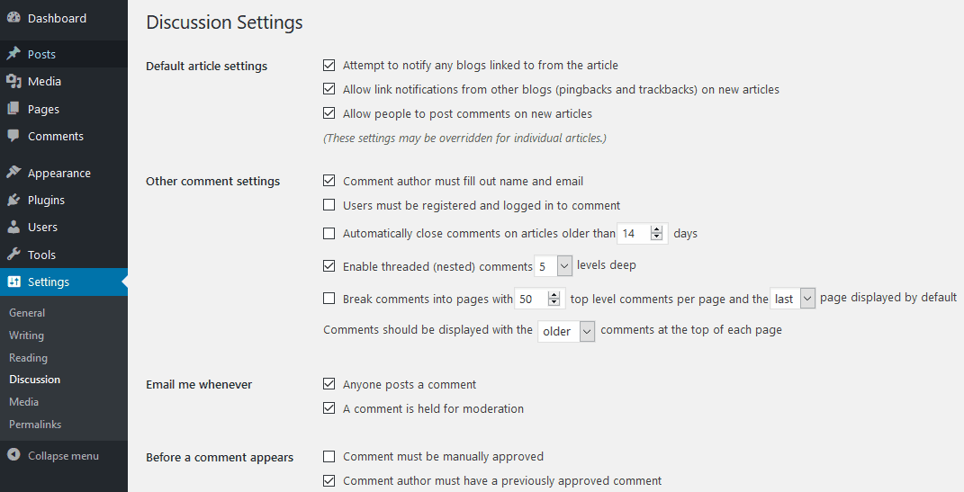 01 wordpress discussion settings page