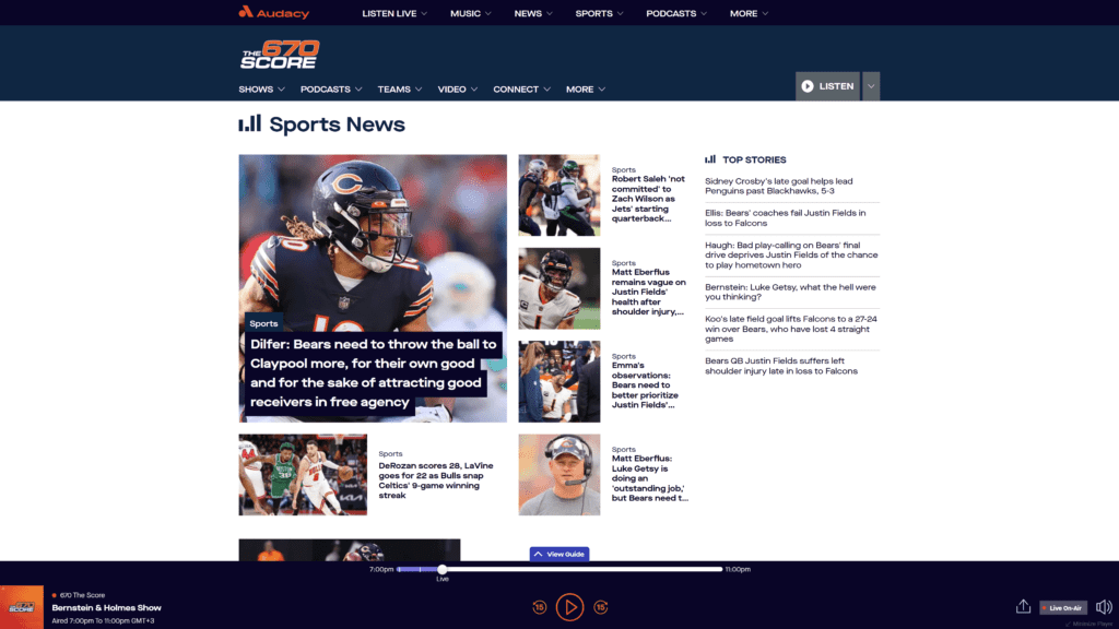 screenshot of the 670 the score homepage