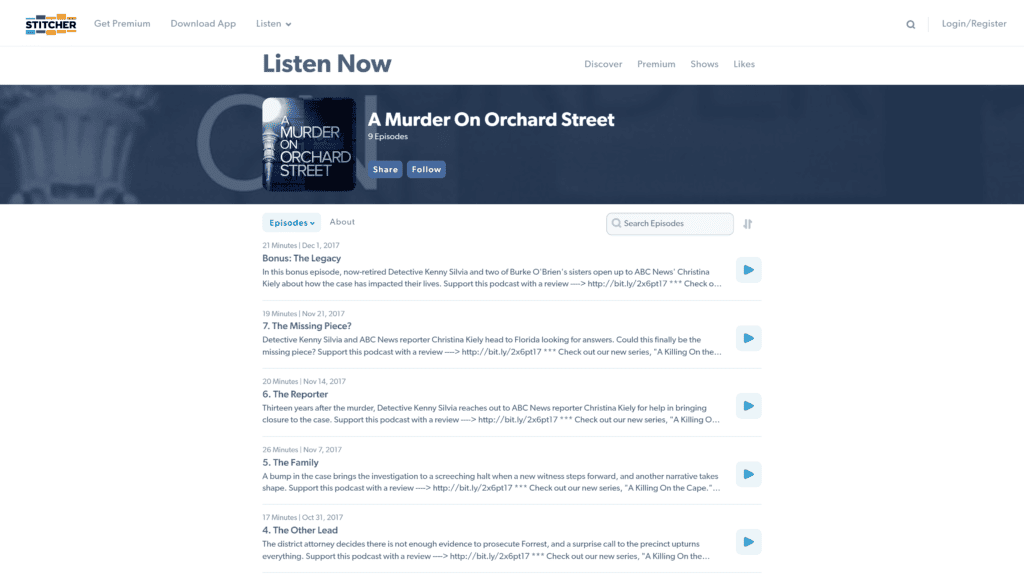 screenshot of the a murder on orchard street homepage