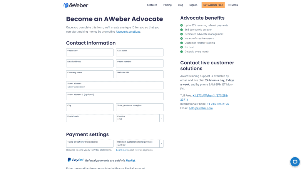 screenshot of the aweber affilate program homepage