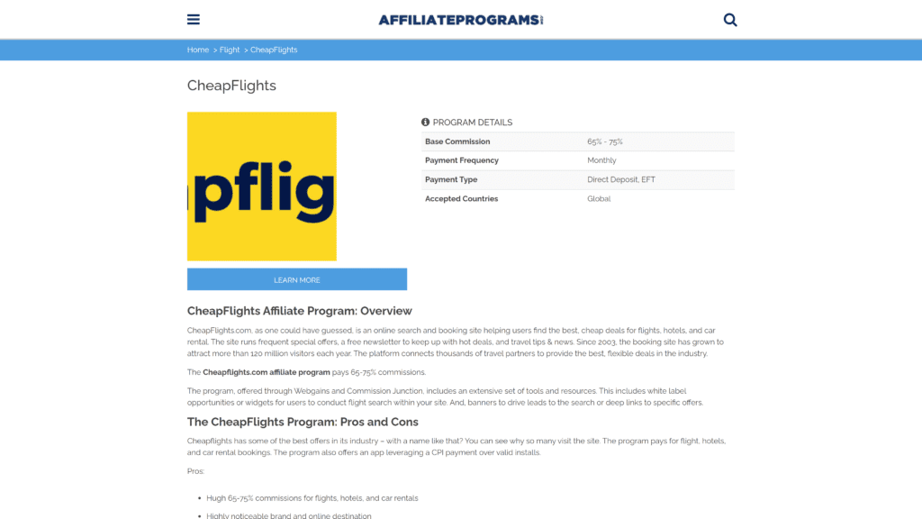 screenshot cheapflights affiliate program homepage