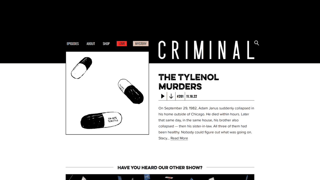 screenshot of the criminal homepage