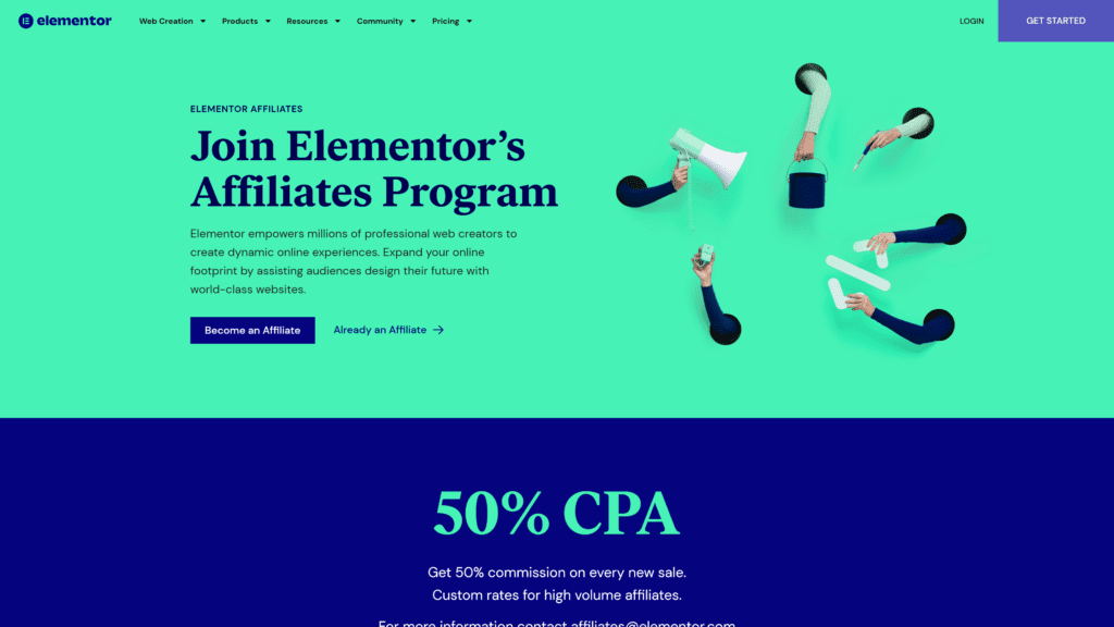 screenshot of the elementore affiliate program homepage